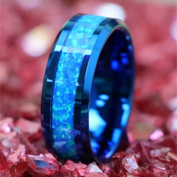 Tungsten Steel Carbide Ring with Center Blue Fire Opal Inlay statement piece - Picture 3 of 7